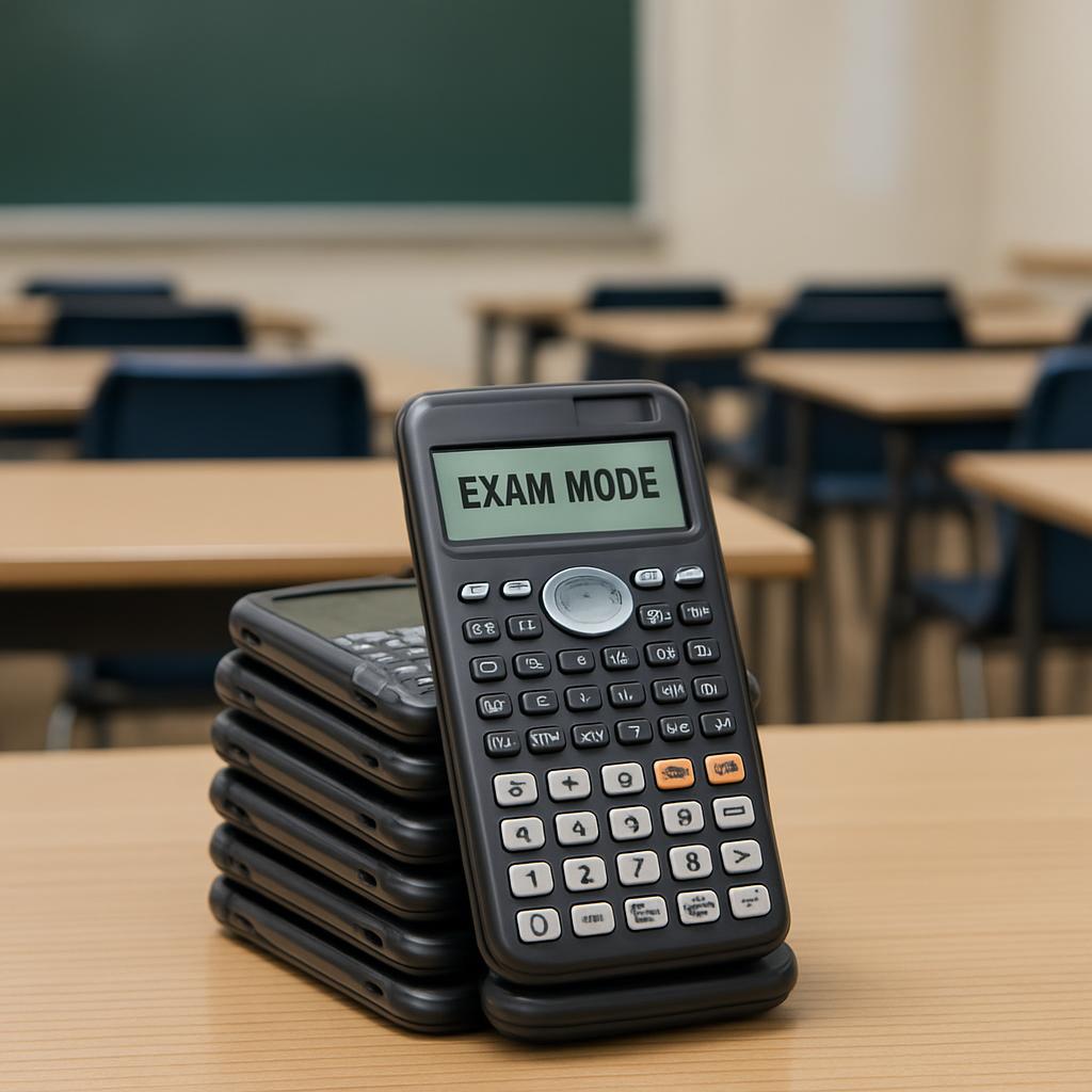 Stack of calculators with a sign saying "EXAM MODE".